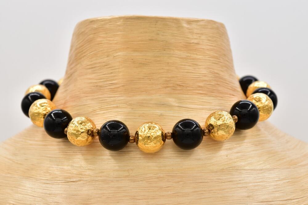 Vintage Black Gold Beaded Choker Necklace Hammered Statement Collar 1980s Bin6A